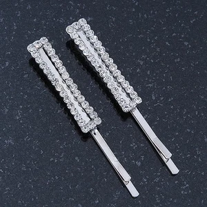 Pair Of Clear Swarovski Crystal Square Hair Slides In Rhodium Plating - 55mm - Picture 1 of 6