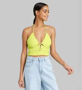 Wild Fable™ Lime Green Women's Lace-Up Front Versatile Tiny Halter Top - Picture 1 of 3