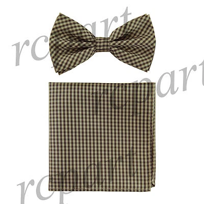 Conjunto de pajarita y pañuelo preatado para hombre cuadros y cuadros marrón tostado boda graduación Foto 1 de 3