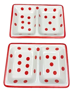 Set of 2 White Red Polka Dot Ceramic 2 Compartment Dip Trinkets Nut Trays GIFTCO - Picture 1 of 6