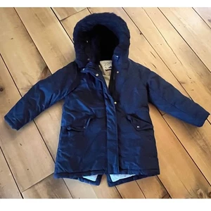 J.Crew Girls winter puffer hooded jacket. Navy. faux fur hood.  - Picture 1 of 9
