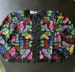 Blazer VINTAGE Neiman Marcus Chaqueta de Seda Lentejuelas Cuentas Pesadas Boho S Floral Glam - Imagen 1 de 22