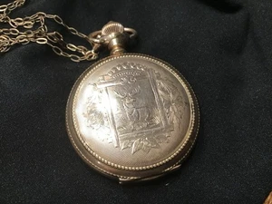 Antike Hampden Taschenuhr mit Kette und Original Box, Bock (Jäger) - Bild 1 von 16