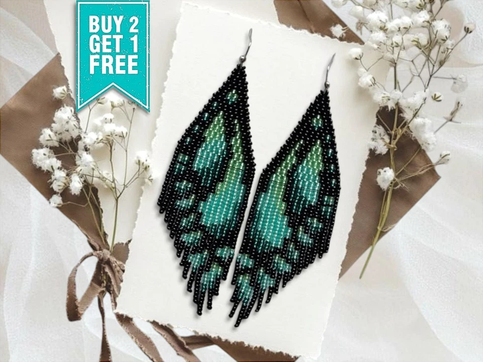 Green Butterfly Wings Boho Handmade Beaded Fringe Earrings - Image 1 of 4
