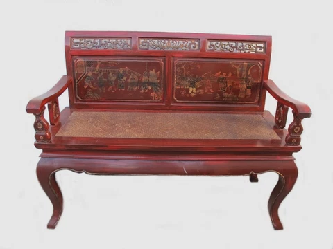 Vintage Chinese wood & wicker bench # 298 Cover