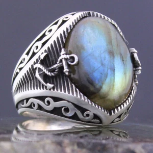 925 Sterling Silver Sailor's Anchor Natural Labradorite Stone Men's Ring - Picture 1 of 6