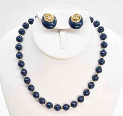 17" MONET Navy Blue/Gold-T Bead Choker Necklace 3/8" Wide & Spiral Stud Earrings - Image 1 of 4