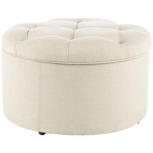 SAFAVIEH Storage Ottoman 27.8" x 27.8" x 27.8" Round Off White Linen Upholstered - Picture 1 of 8