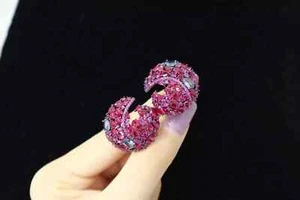 14K White Gold Plated 2Ct Oval Cut Lab Created Red Ruby Cluster Stud Earrings - Picture 1 of 4