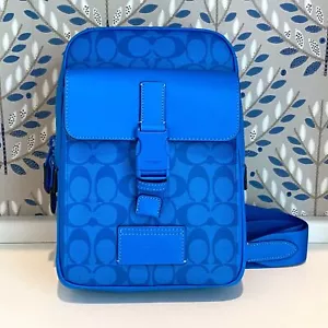 Coach Track Pack Crossbody Bag Signature Canvas Bright Blue C9838 NWT - Picture 1 of 8