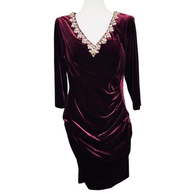 Alex Evenings Womans 12 Velvet Embellished V Neck Dress Burgundy Party Formal - Image 1 of 4