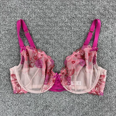 Cacique Bra Womens 38DD Pink Unlined Balconette Embroidered Floral Underwire - Image 1 of 4