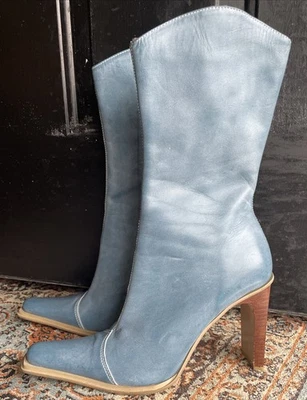 "Botas de Tacón de 4"" Steve Madden Brisa Y2K Mujer 7.5 Azul Cuero Oficina Sirena Años 90" Foto 1 de 4