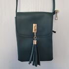 Small Green Leather Crossbody Shoulder Purse Emerald Gold Tassel Bag Zip Close