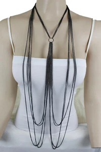 Sexy Pool Women Fashion Long Sexy Harness Necklace Ring Charm Black Body Chain - Picture 1 of 12