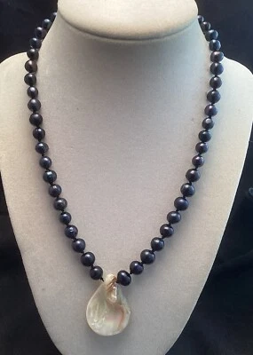 Sterling Silver Hand Knotted Black Pearl Necklace with White Teardrop Shell 18” - Image 1 of 4