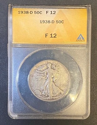 1938-D WALKING LIBERTY SILVER HALF DOLLAR ANACS FINE-12, SEMI-KEY DATE COIN - Image 1 of 4