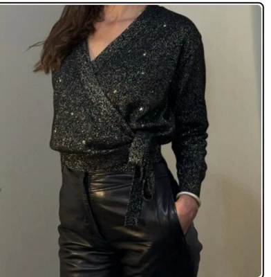 Womens chunky sweater Violets & Roses Black Gold Metallic Wrap Tie Sz XL NWT - Image 1 of 4