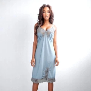 Vintage 60s Blue Slip Dress Sears Non-Cling Lace Chiffon Nylon Soft Romantic XS - Picture 1 of 8