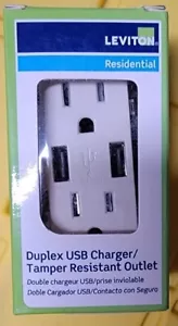 Receptáculo dúplex cargador/salida USB resistente a la manipulación Leviton T5632-T, 15 amperios, - Imagen 1 de 3