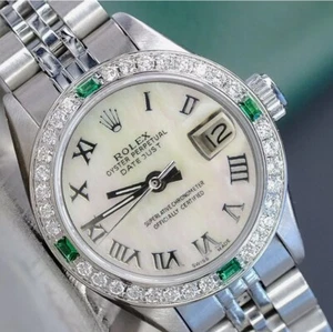 Rolex Lady Datejust Watch Stainless Steel White Diamond Dial & Bezel W/ Emerald - Picture 1 of 21