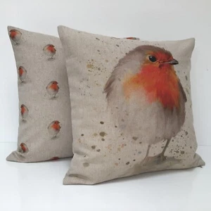 Pair of Red Robin Linen Look Cushion Covers Geometric Digital Fabric 16 inch - Picture 1 of 7