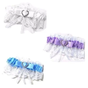 Bridal Garter Wedding Lace Satin Bow White Crystal Heart Leg Band Diamante - Picture 1 of 10