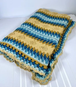 Vintage Handmade Crochet Throw Blanket Blue & Mustard Geometric Afghan MCM Boho - Picture 1 of 9