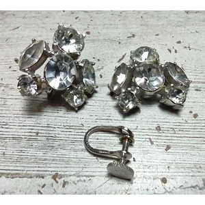 Vintage Coro Silver Tone Clear Rhinestone Screwback Earrings Costume DAMAGE - Picture 1 of 8