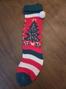 Vintage Christmas Stocking Knit Red Stipes Christmas Tree Pom Pom Hanging - Picture 1 of 15