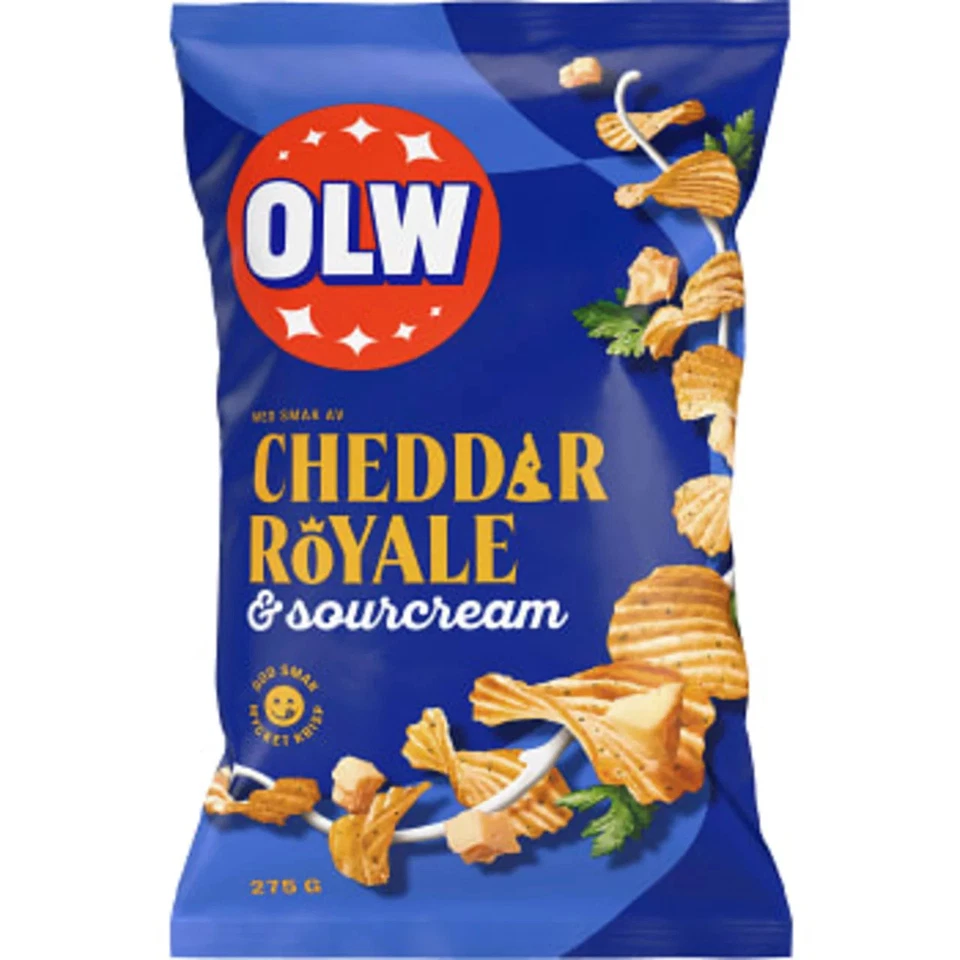 OLW Chips Cheddar Royal & Sour Cream 275 g Patatas fritas estriadas Suecia Snack Foto 1 de 1