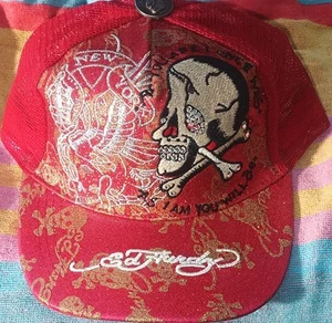Vintage Don Ed Hardy Embroidered Tattoo You Red Baseball Cap Mesh Truckers Hat - Picture 1 of 5