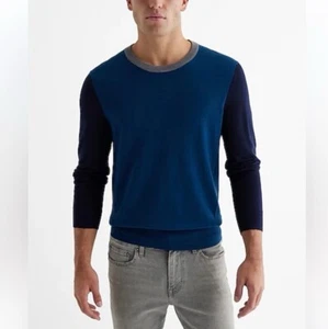 🐟Express Men’s Teal And Gray Color Block Crew Neck Merino Wool Sweater NWT M - Picture 1 of 5
