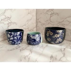 Handmade, Wheel Thrown, Blue Ceramic Indoor Planters With Floral Illustrations! - Picture 1 of 12