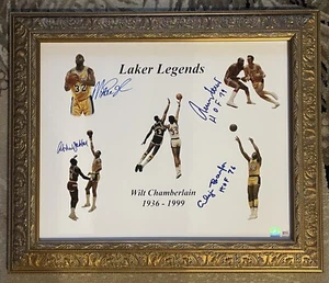 LAKERS LEGENDS FRAMED LITHOGRAPH AUTOS: JERRY WEST, MAGIC, KAREEM, ELGIN BECKETT - Picture 1 of 3