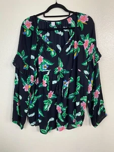 Old Navy Floral Boho Blouse Top Women sz XL Black Green Ruffle Hawaiian Cottage - Picture 1 of 14