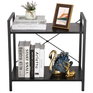 2 Tier Small Bookshelf Brown Industrial 2 Shelf Wooden Storage Bookcase Home - Picture 1 of 12