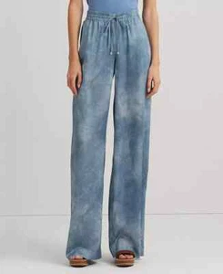 Lauren Ralph Lauren Petite Printed Charmeuse Wide-Leg Pants Womens PL Blue Multi - Picture 1 of 17