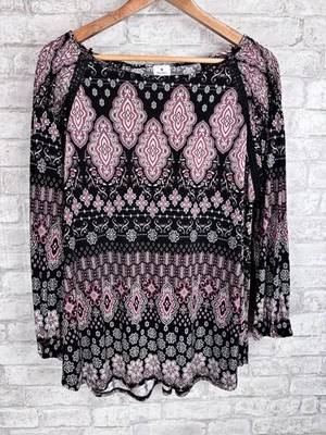 Top Dressbarn Popover Talla 2x Pintuck Mangas Globo Rosa Negro Estampado Oficina Foto 1 de 4