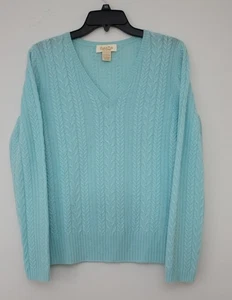Peck & Peck 2-ply 100% Cashmere Sweater Cable Knit Blue V Neck Size M - Picture 1 of 4