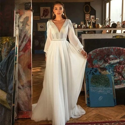 Boho A-Line Wedding Dresses V-Neck Full Sleeves Chiffon Appliques Bridal Gowns - Image 1 of 4