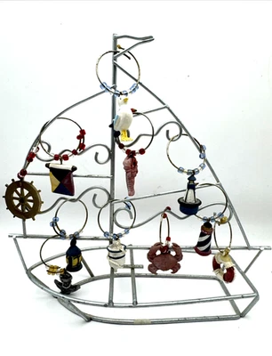 Nautical Beach Wine 11 Charms Silver Metal Sailboat Holder Lobster Anchor Crab - image 1 of 4
