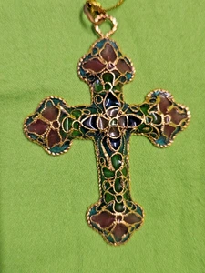 Vintage Plique-A-Jour Glass Enamel Cross Pendant Ornament - Picture 1 of 7