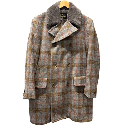 Vintage Zero King Coat Mens 38 Wool Faux Fur Lined Gray Orange Plaid Made in USA - Image 1 of 4