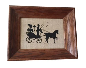 Vintage Victorian Horse Carriage Handprint 100% Pure Linen Silhouette Wood Frame - Picture 1 of 11