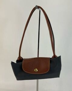 Longchamp Dark Gray Fabric & Brown Leather Zip & Snap Fold-Up Tote Bag