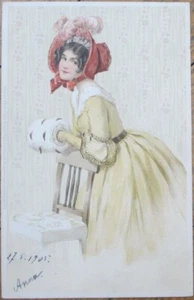 Woman in Yellow with Fur Muff 1905 Postcard, Color Litho - Picture 1 of 1