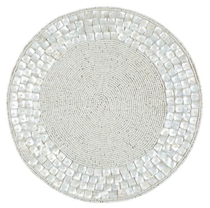 Farmhouse Beaded Off White Dining Kitchen Table Placemats 14" Diameter Set of 2 - Picture 1 of 5