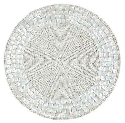 Farmhouse Beaded Off White Dining Kitchen Table Placemats 14" Diameter Set of 2 - Image 1 of 4