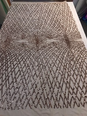 GOLD ROSE SEQUINS DIAMOND DESIGN EMBROIDERY ON A 4 WAY STRETCH MESH-BY YARD. - Image 1 of 4